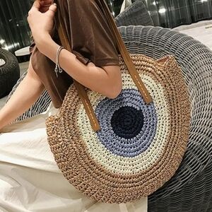 NEW Boho Large Round Straw Woven Shoulder Bag Handmade Summer Beach Tote Bag